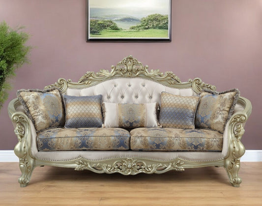 40" Antiqued White Velvet Curved Floral Sofa And Toss Pillows With Champagne Legs-0