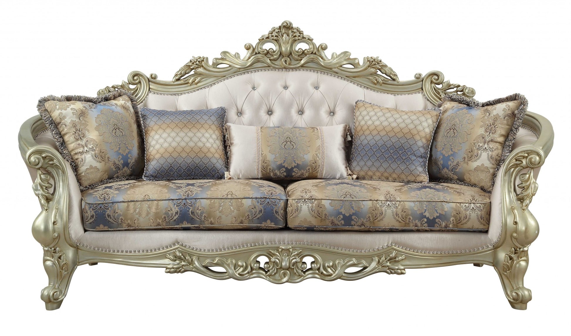 40" Antiqued White Velvet Curved Floral Sofa And Toss Pillows With Champagne Legs-1