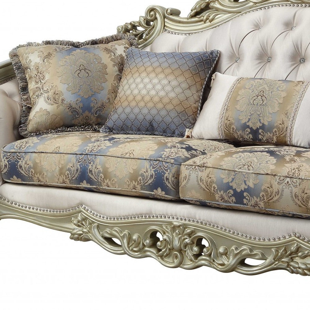40" Antiqued White Velvet Curved Floral Sofa And Toss Pillows With Champagne Legs-5