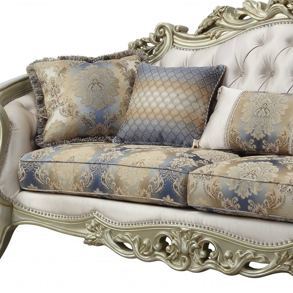 40" Antiqued White Velvet Curved Floral Sofa And Toss Pillows With Champagne Legs-4