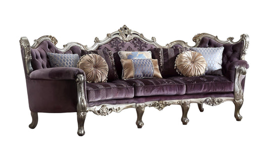 52" Dark Purple Velvet Curved Striped Sofa And Toss Pillows With Platinum Legs-0