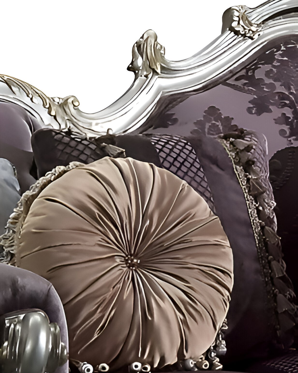 52" Dark Purple Velvet Curved Striped Sofa And Toss Pillows With Platinum Legs-2
