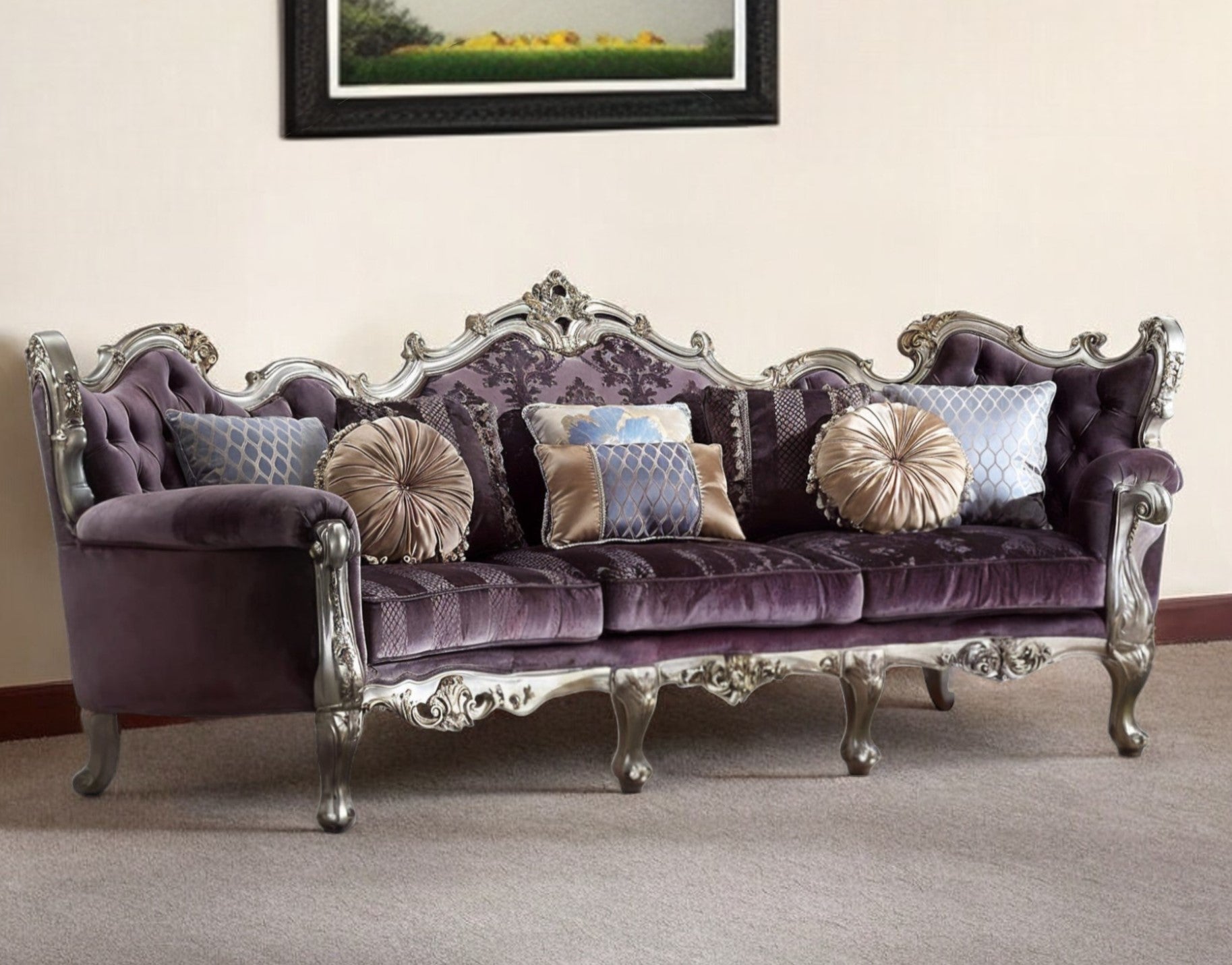 52" Dark Purple Velvet Curved Striped Sofa And Toss Pillows With Platinum Legs-1