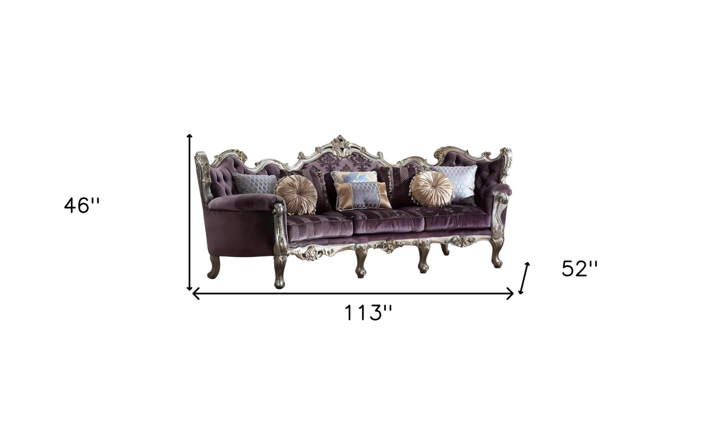 52" Dark Purple Velvet Curved Striped Sofa And Toss Pillows With Platinum Legs-5