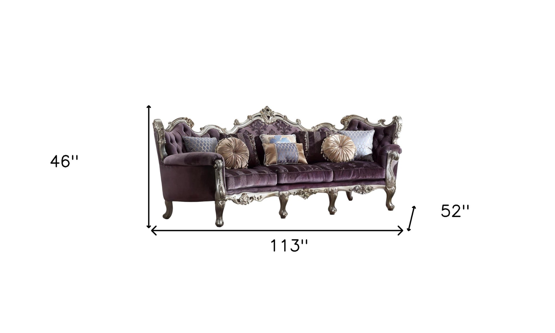 52" Dark Purple Velvet Curved Striped Sofa And Toss Pillows With Platinum Legs-5
