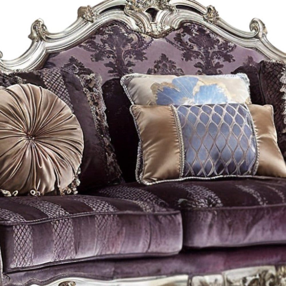 52" Dark Purple Velvet Curved Striped Sofa And Toss Pillows With Platinum Legs-3