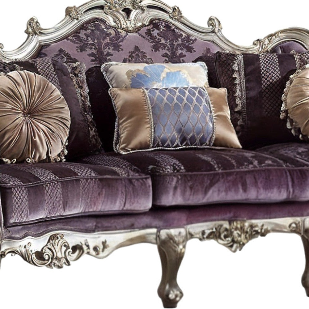 52" Dark Purple Velvet Curved Striped Sofa And Toss Pillows With Platinum Legs-4