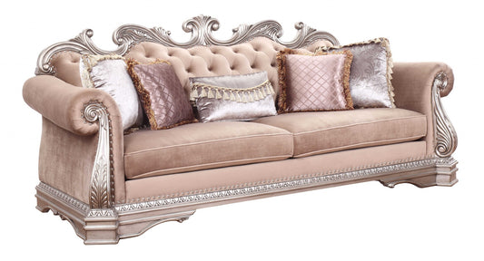 42" Rosegold Velvet Sofa And Toss Pillows With Silver Legs-0
