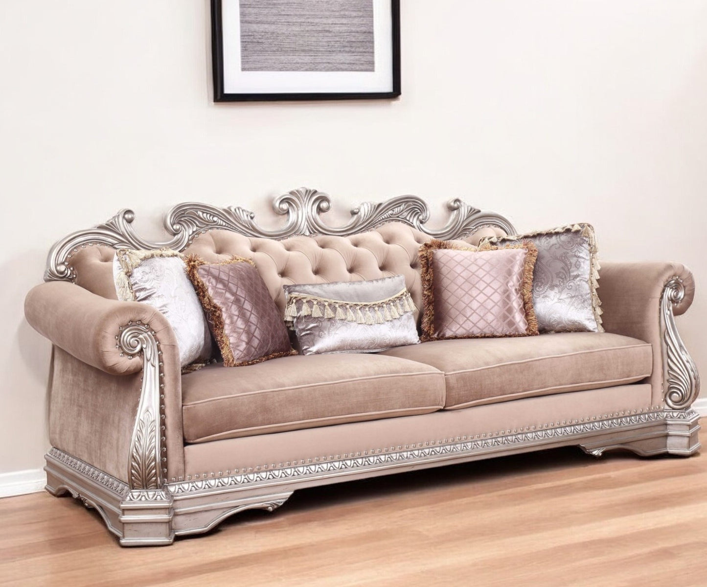 42" Rosegold Velvet Sofa And Toss Pillows With Silver Legs-1