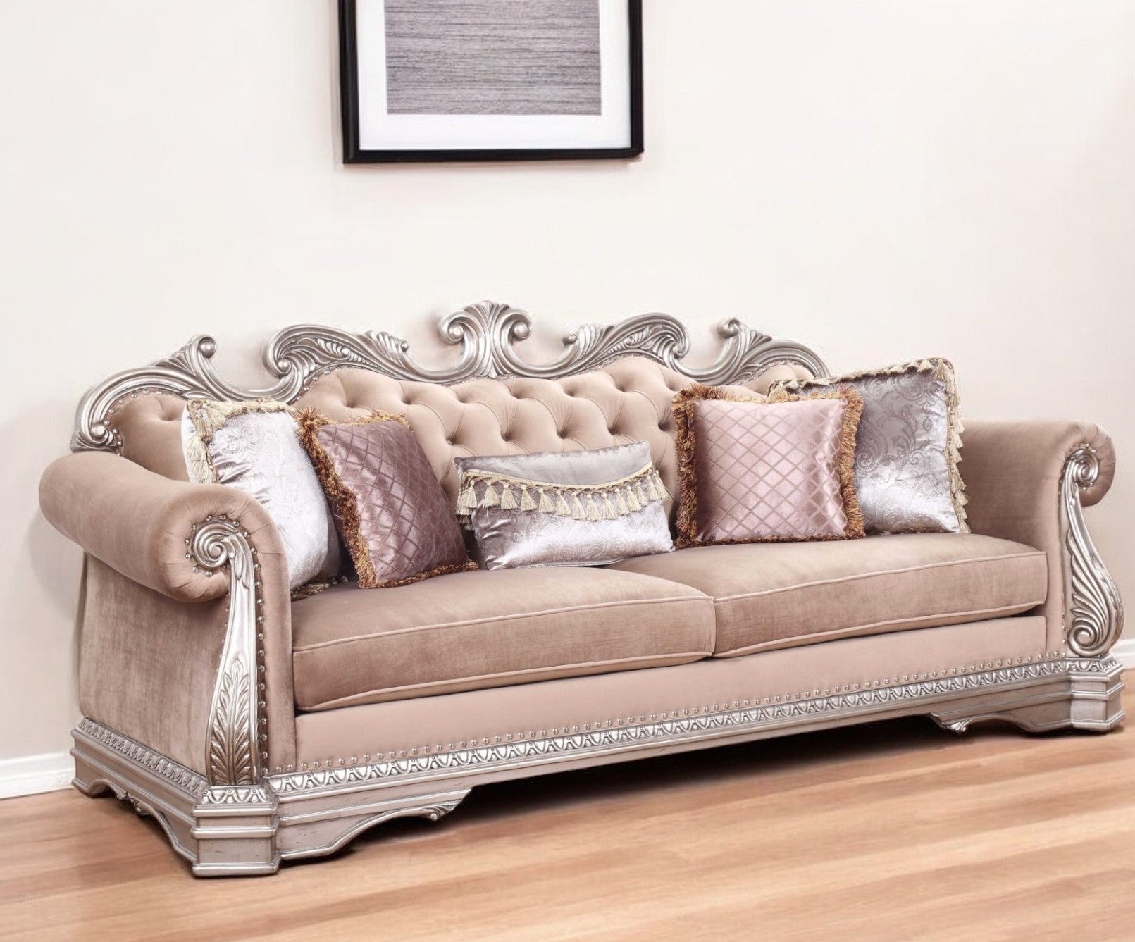 42" Rosegold Velvet Sofa And Toss Pillows With Silver Legs-1