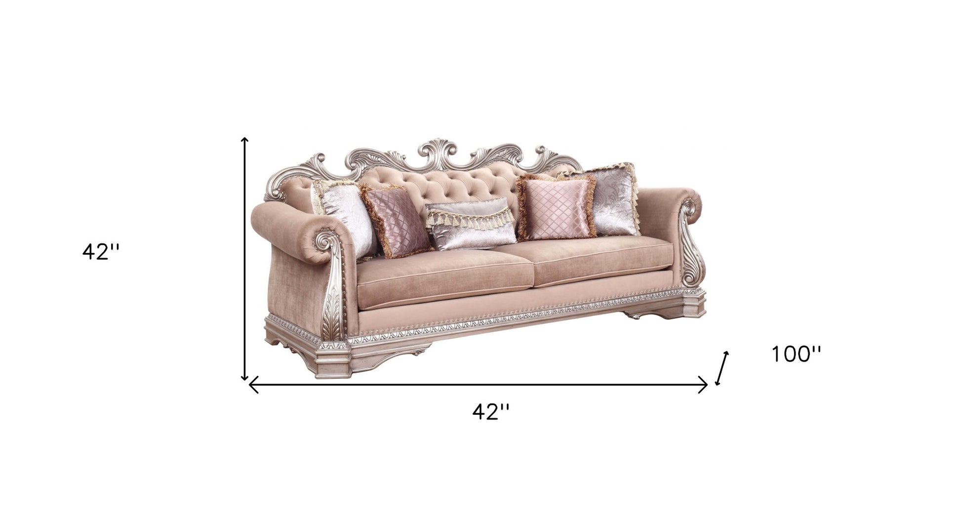 42" Rosegold Velvet Sofa And Toss Pillows With Silver Legs-4