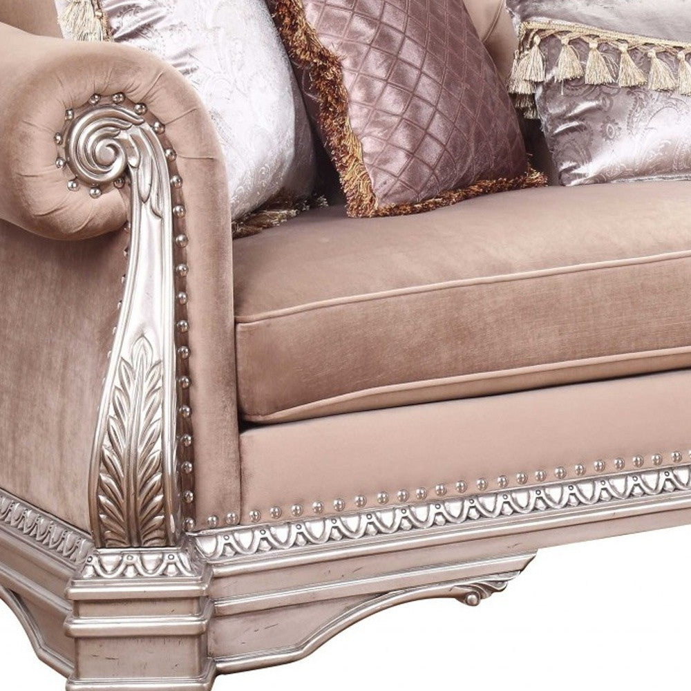 42" Rosegold Velvet Sofa And Toss Pillows With Silver Legs-2