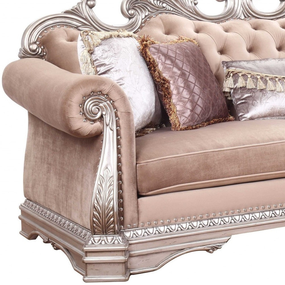 42" Rosegold Velvet Sofa And Toss Pillows With Silver Legs-3