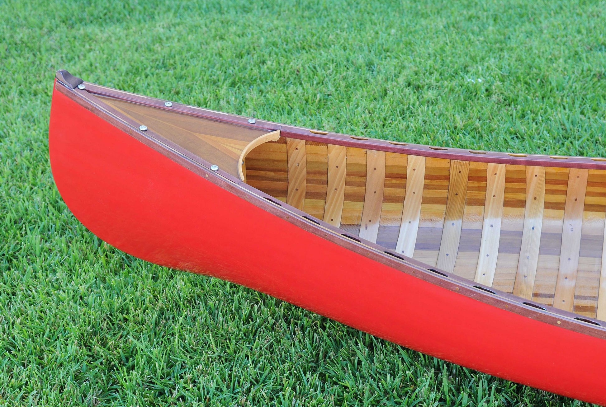 26.5" X 117" X 20" Red Wooden Canoe With Ribs Curved Bow-6