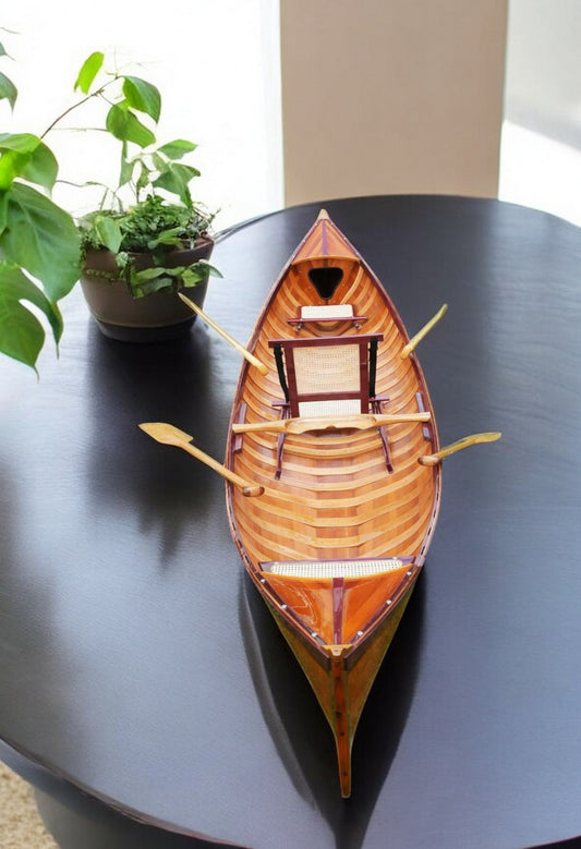 26" Wood Brown Solid Wood Model Boat Tabletop Sculpture-0