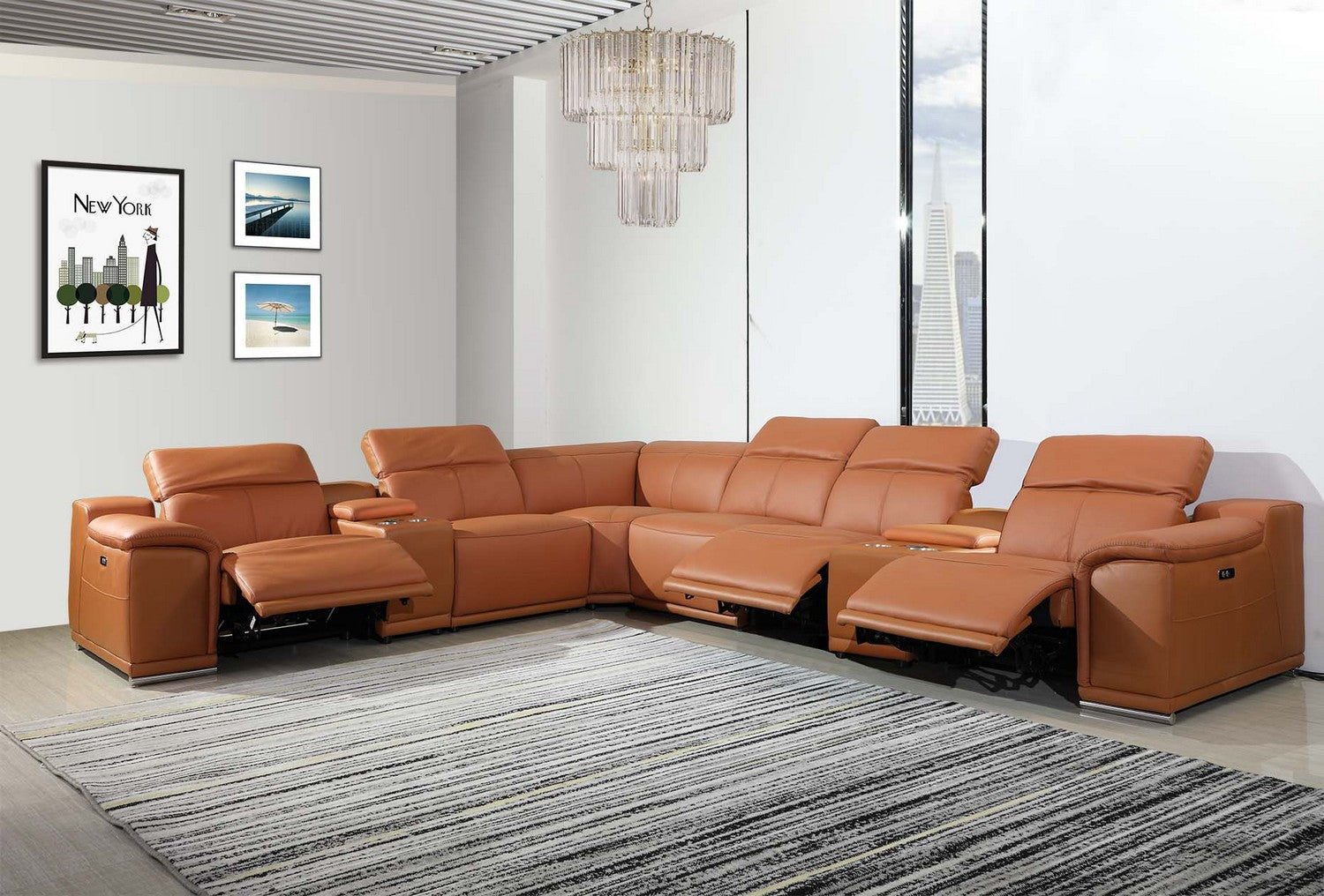 Camel Italian Leather Power Reclining U Shaped Eight Piece Corner Sectional With Console-7