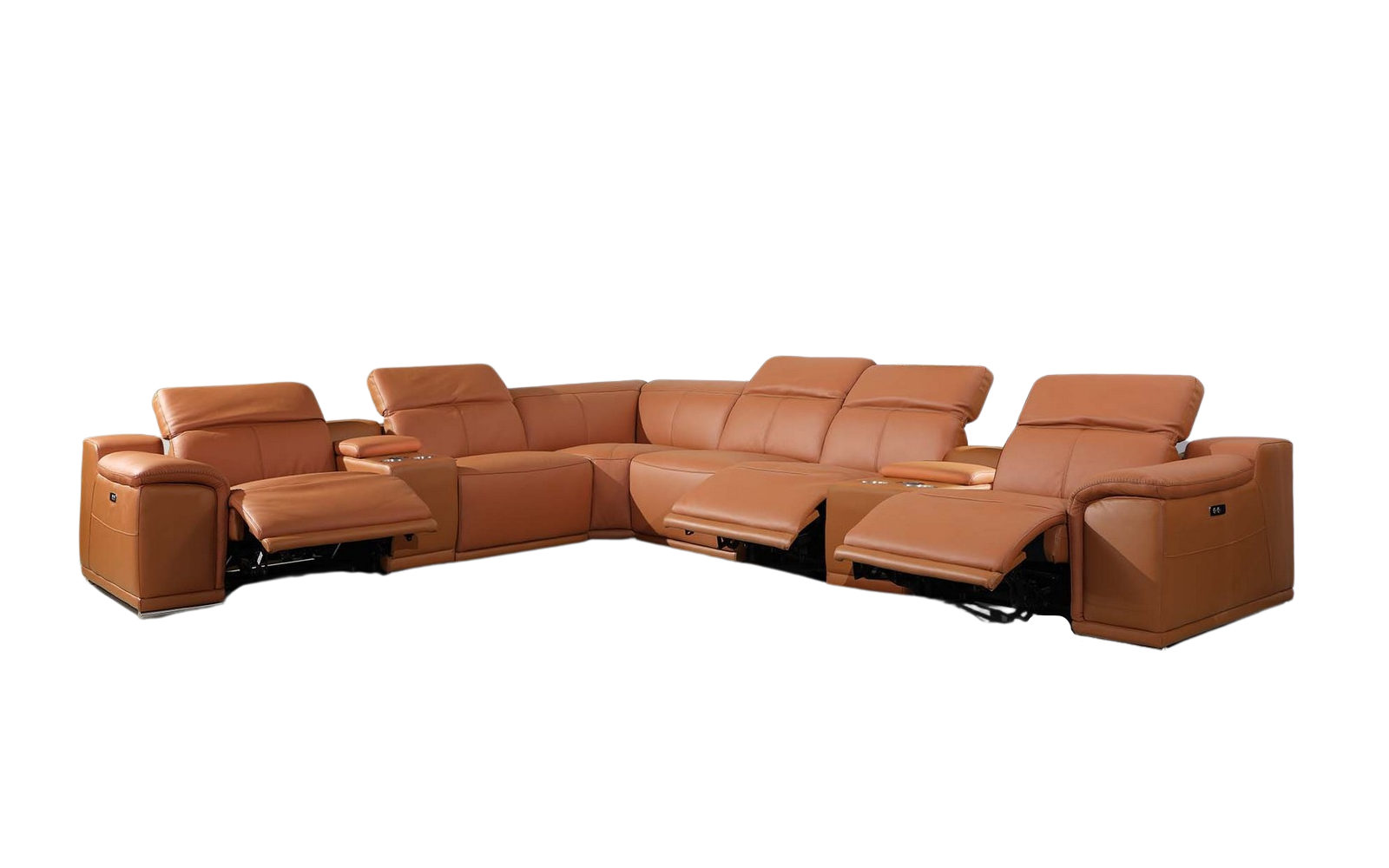 Camel Italian Leather Power Reclining U Shaped Eight Piece Corner Sectional With Console-3