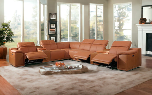 Camel Italian Leather Power Reclining U Shaped Eight Piece Corner Sectional With Console-0
