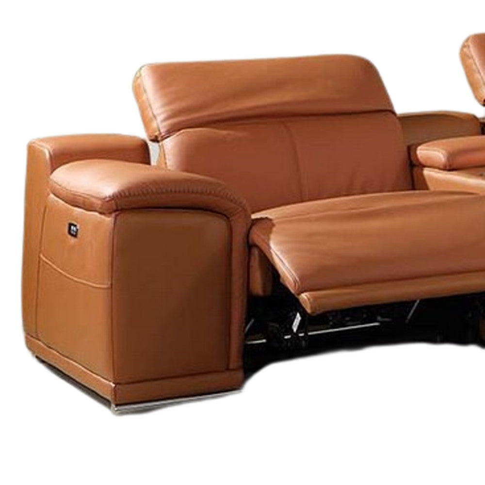Camel Italian Leather Power Reclining U Shaped Eight Piece Corner Sectional With Console-5