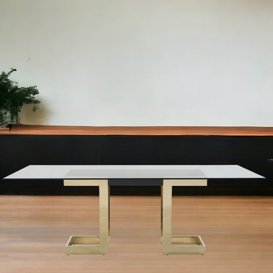 87" Clear And Gold Glass And Stainless Steel Double Pedestal Base Dining Table-0