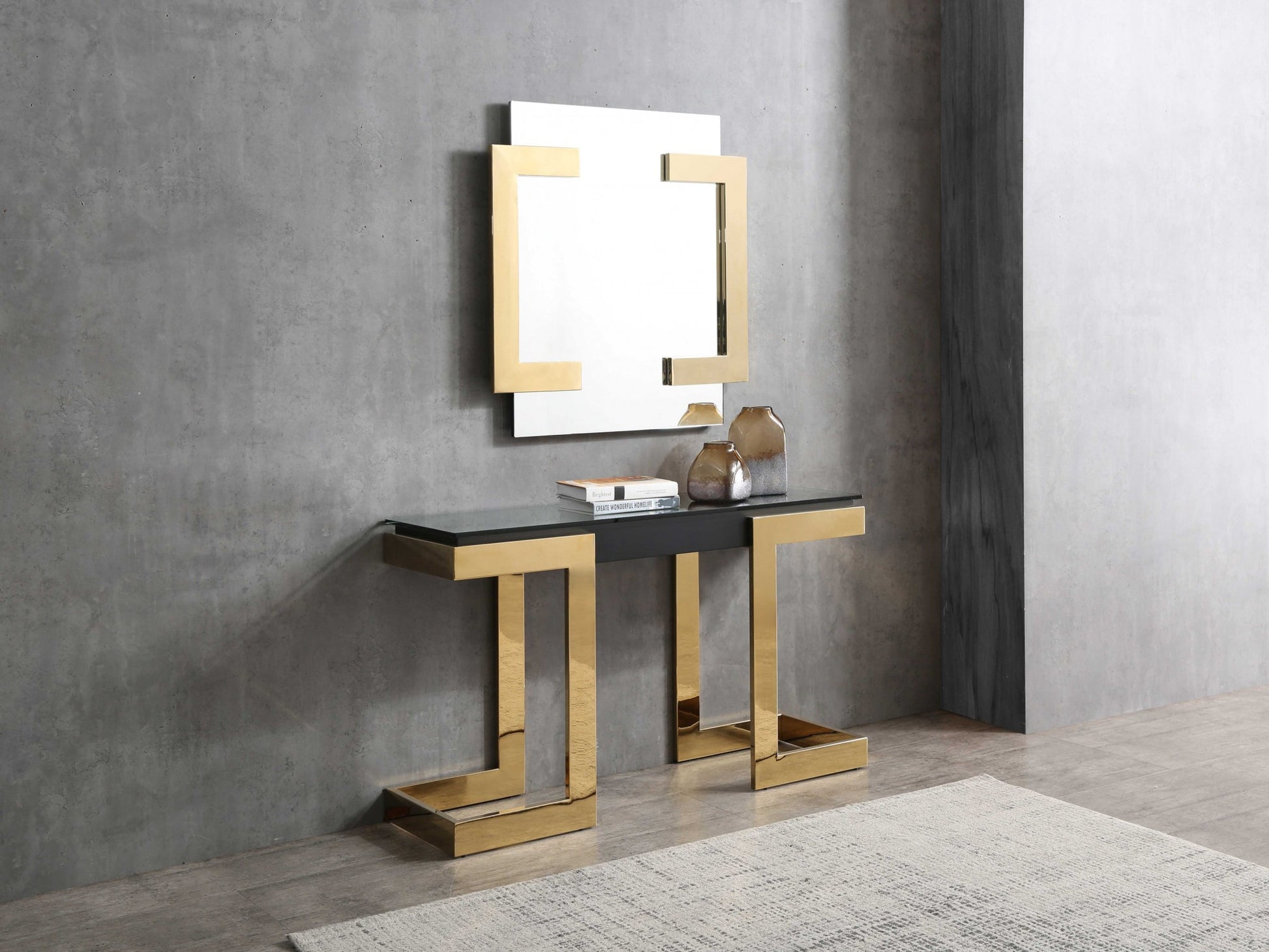 52" Black and Gold Glass Pedestal Console Table-5