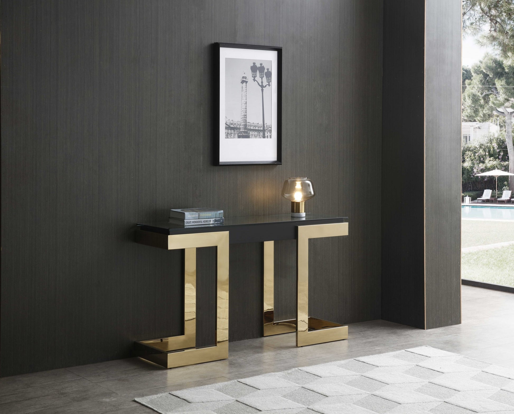 52" Black and Gold Glass Pedestal Console Table-6