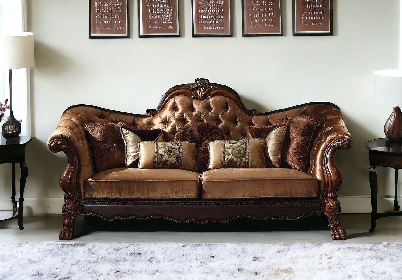 73" Dark Brown And Brown Velvet Loveseat and Toss Pillows-1