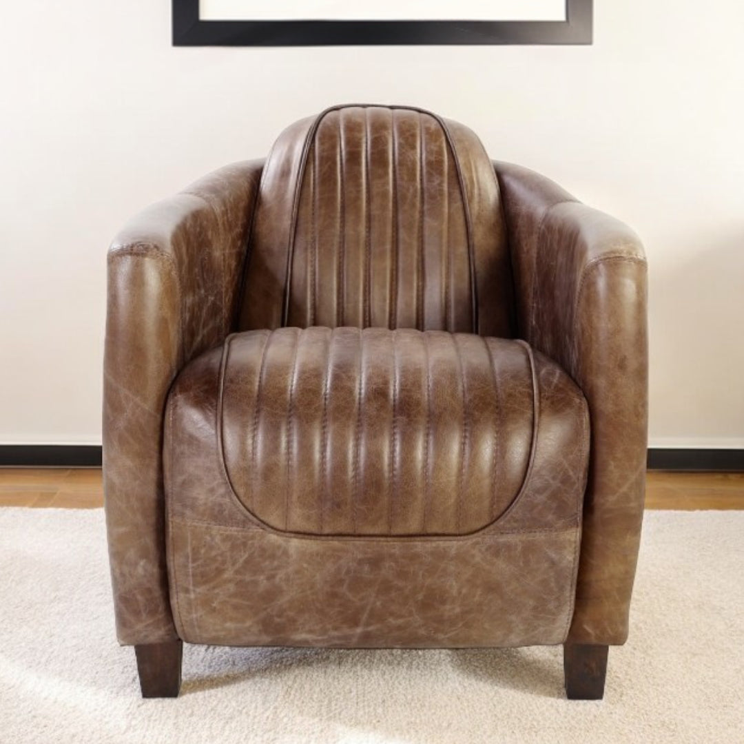 29" Brown Faux Leather Distressed Barrel Chair-1