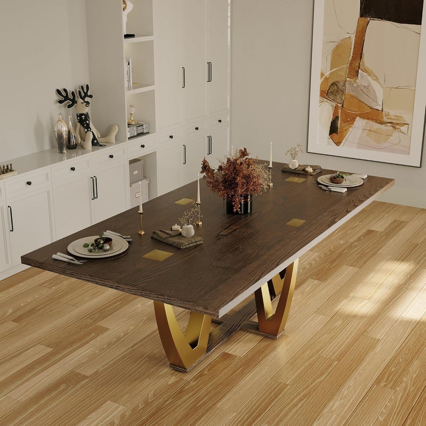 94 Inch Wood Dining Table for 6-10, Modern Farmhouse Rectangular Kitchen Table with Brushed Gold Base, Large Walnut Dining Room Table(Brown)-1