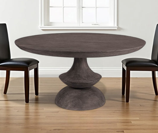 60" Gray Rounded Solid Wood Pedestal Base Dining Table-0