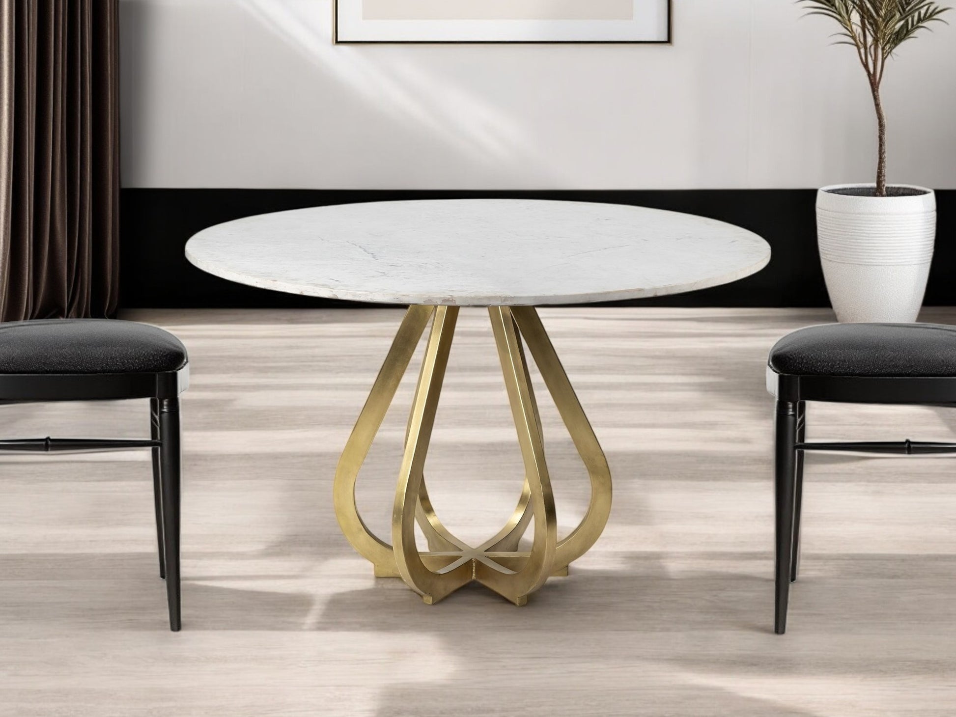 48" White And Gold Rounded Marble And Metal Pedestal Base Dining Table-0