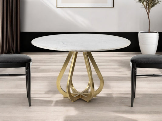 48" White And Gold Rounded Marble And Metal Pedestal Base Dining Table-0
