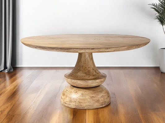 60" Natural Rounded Solid Wood Pedestal Base Dining Table-0