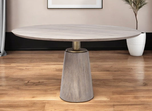 54" Brown And Gold Rounded Solid Wood And Metal Pedestal Base Dining Table-0
