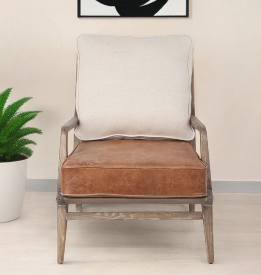 24" Beige and Brown Leather Arm Chair-0
