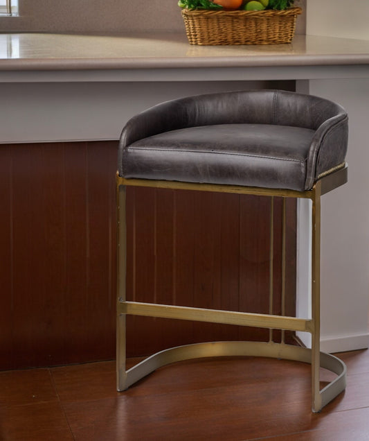 29" Black and Gold Leather and Metal Low Back Bar Height Bar Chair-0
