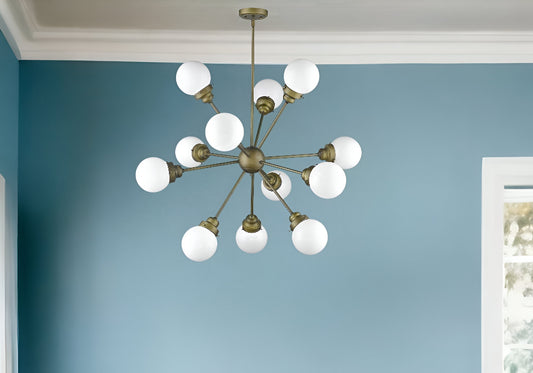 Bronze Sputnik Twelve Light Frosted Metal Dimmable Chandelier With Off White Shades-0