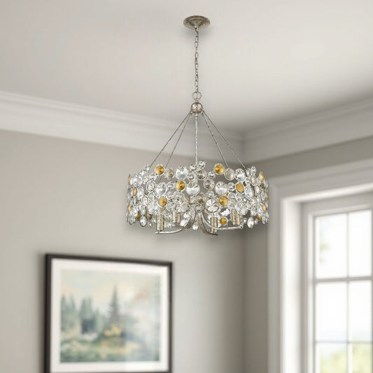 Silver Shaded Four Light Metal and Crystals Dimmable Chandelier With Silver Shades-0