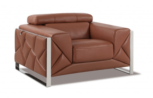 48" Camel And Silver Italian Leather Arm Chair-0