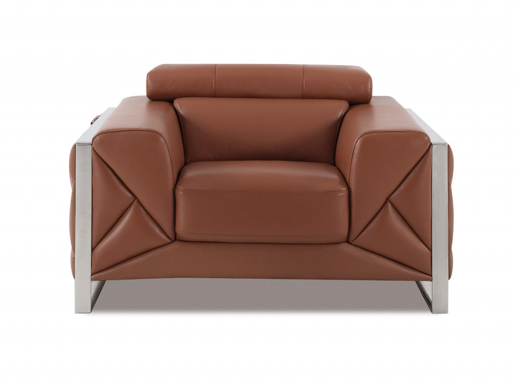 48" Camel And Silver Italian Leather Arm Chair-1