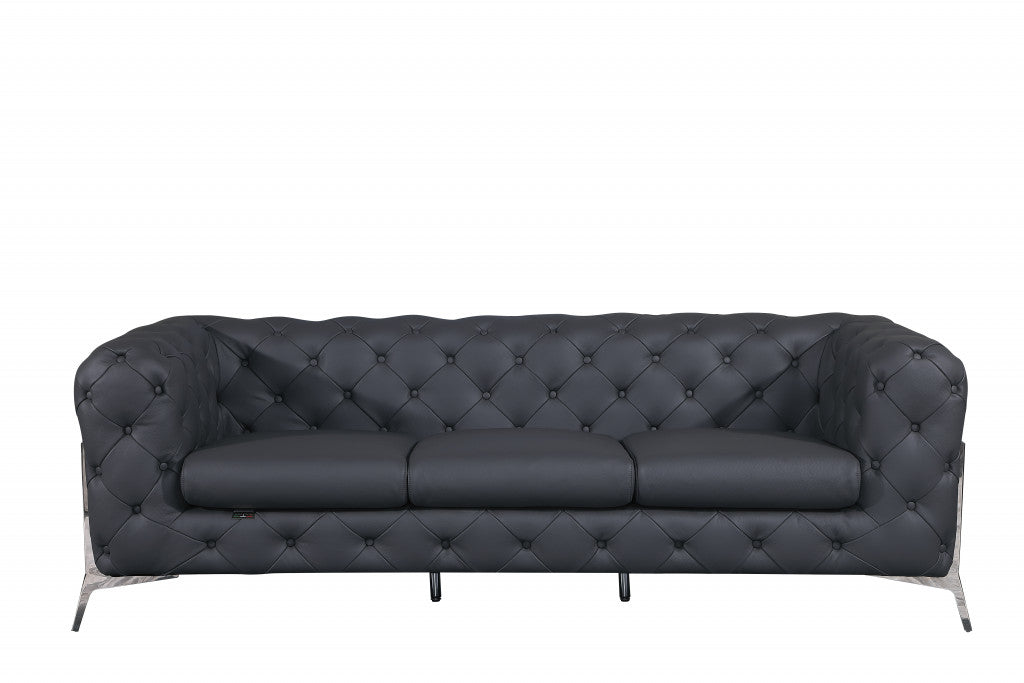 93" Dark Gray Italian Leather Chesterfield Sofa With Silver Legs-1