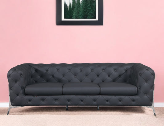 93" Dark Gray Italian Leather Chesterfield Sofa With Silver Legs-0