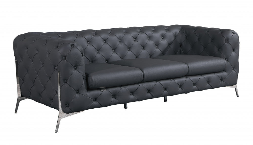 93" Dark Gray Italian Leather Chesterfield Sofa With Silver Legs-2