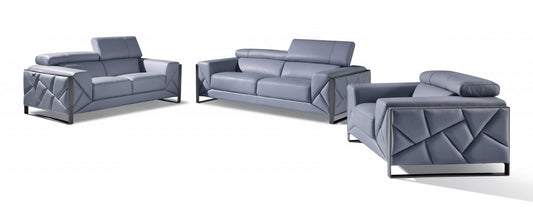 Three Piece Indoor Light Blue Italian Leather Six Person Seating Set-0