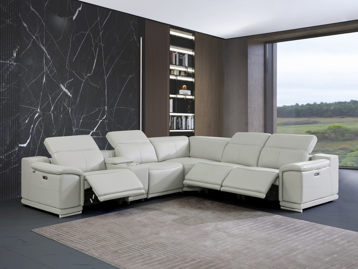 Light Gray Italian Leather Power Reclining U Shaped Six Piece Corner Sectional With Console-8