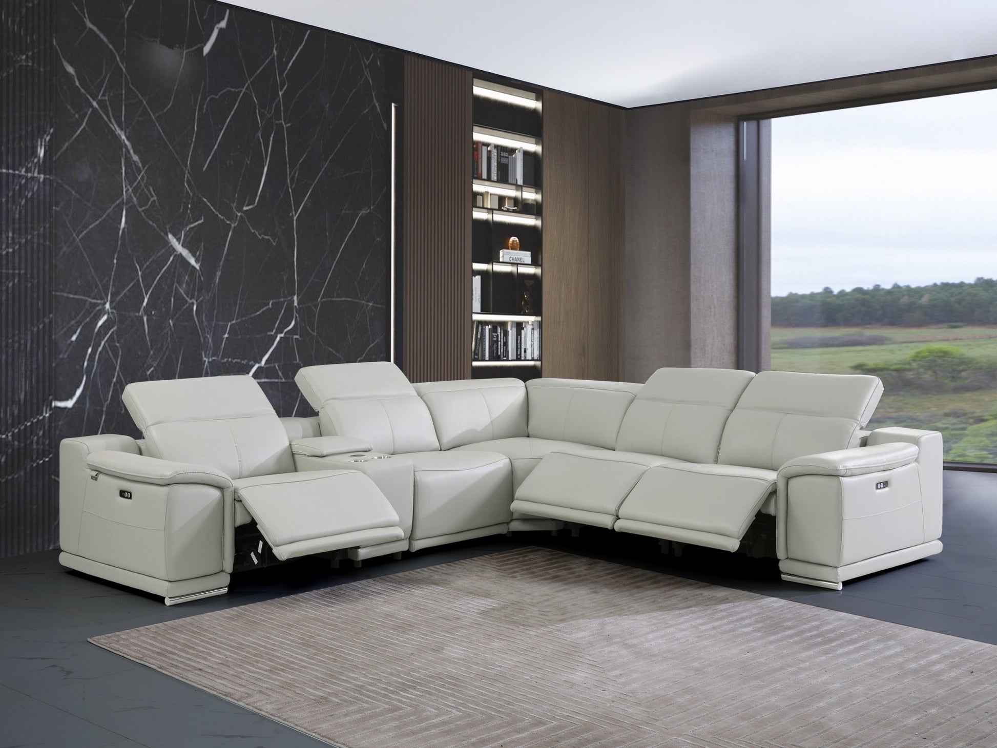 Light Gray Italian Leather Power Reclining U Shaped Six Piece Corner Sectional With Console-8