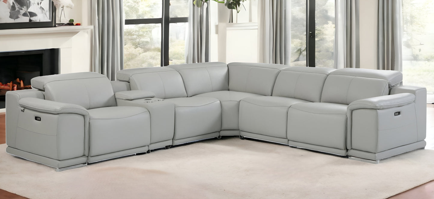 Light Gray Italian Leather Power Reclining U Shaped Six Piece Corner Sectional With Console-1