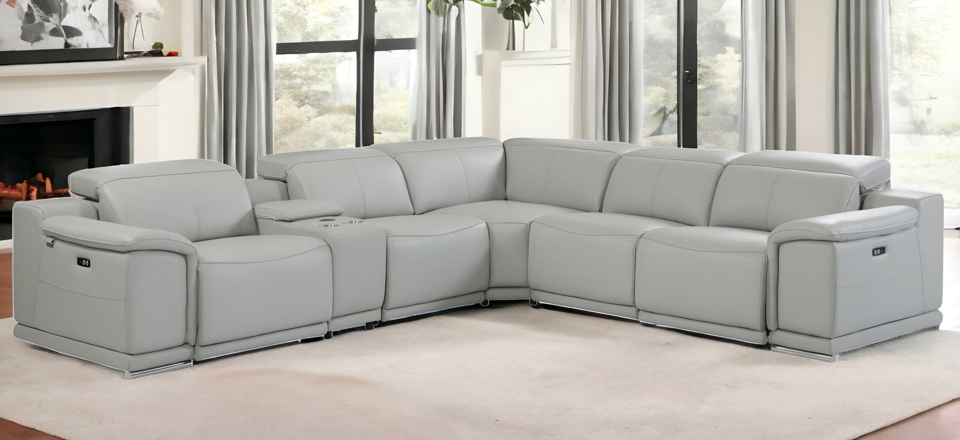 Light Gray Italian Leather Power Reclining U Shaped Six Piece Corner Sectional With Console-1