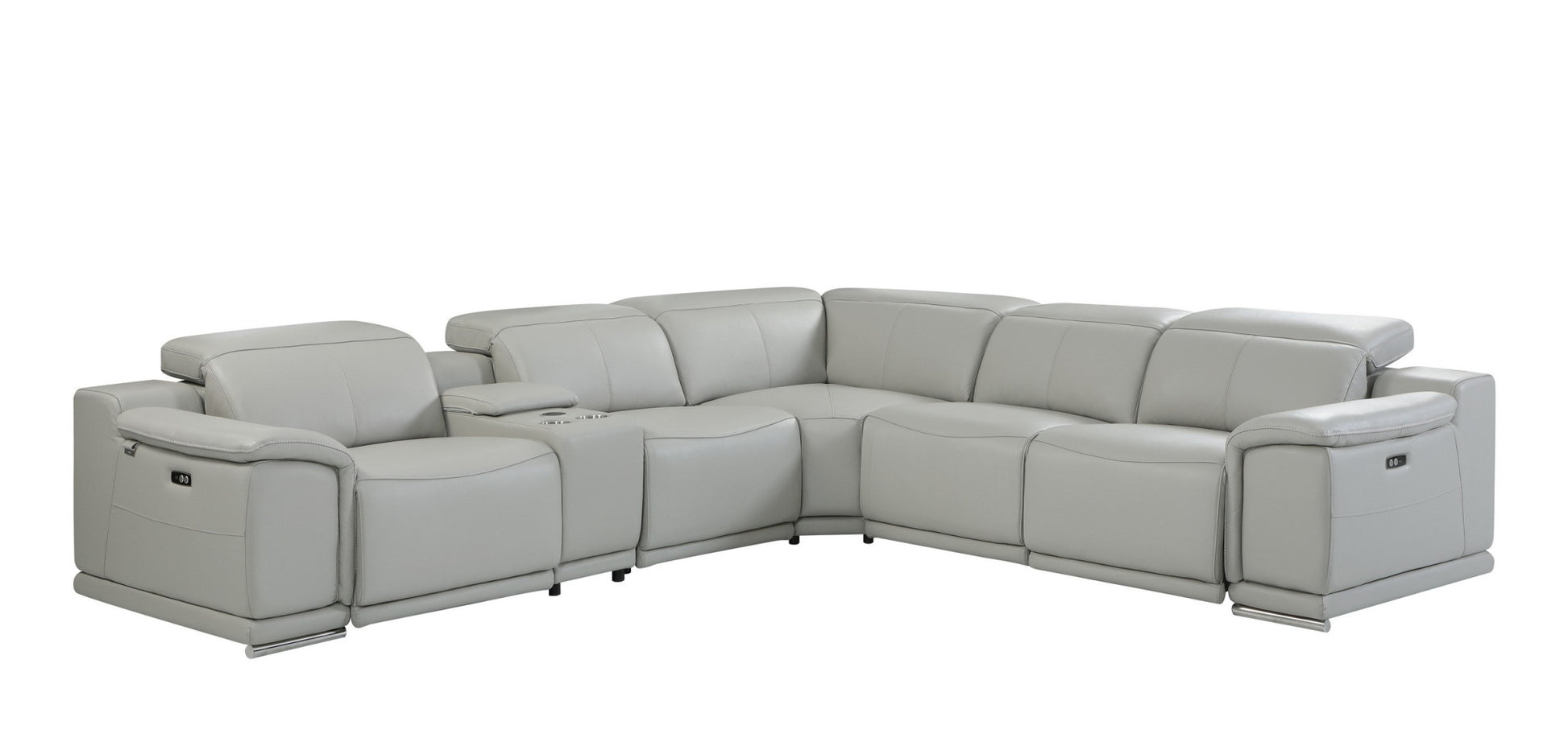 Light Gray Italian Leather Power Reclining U Shaped Six Piece Corner Sectional With Console-0