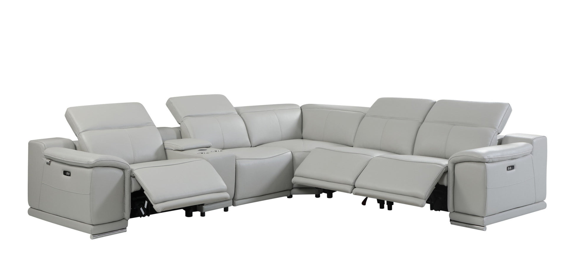 Light Gray Italian Leather Power Reclining U Shaped Six Piece Corner Sectional With Console-3